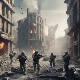 Update image to show soldiers with futuristic weapons engaged in firefights. Capture the scale of devastation; ruined buildings and debris strewn across the cityscape indicate a once-flourishing city now is a war-torn battleground.