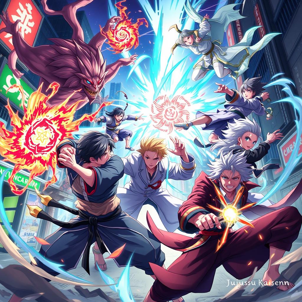 A vibrant and action-packed illustration inspired by 'Jujutsu Kaisen', featuring the main characters engaged in an epic battle against cursed spirits in a dynamic urban environment