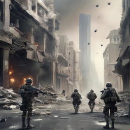 Update image to show soldiers with futuristic weapons engaged in firefights. Capture the scale of devastation; ruined buildings and debris strewn across the cityscape indicate a once-flourishing city now is a war-torn battleground.