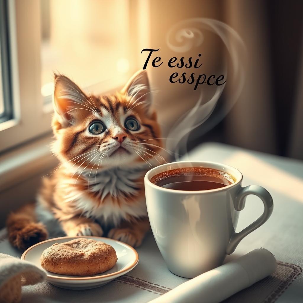A charming scene featuring a cute cat sitting next to a coffee cup, looking up with bright, endearing eyes