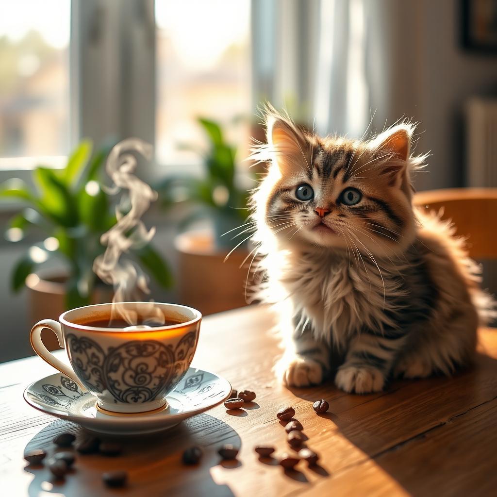 A cute and fluffy cat elegantly sitting beside a steaming cup of coffee on a cozy wooden table