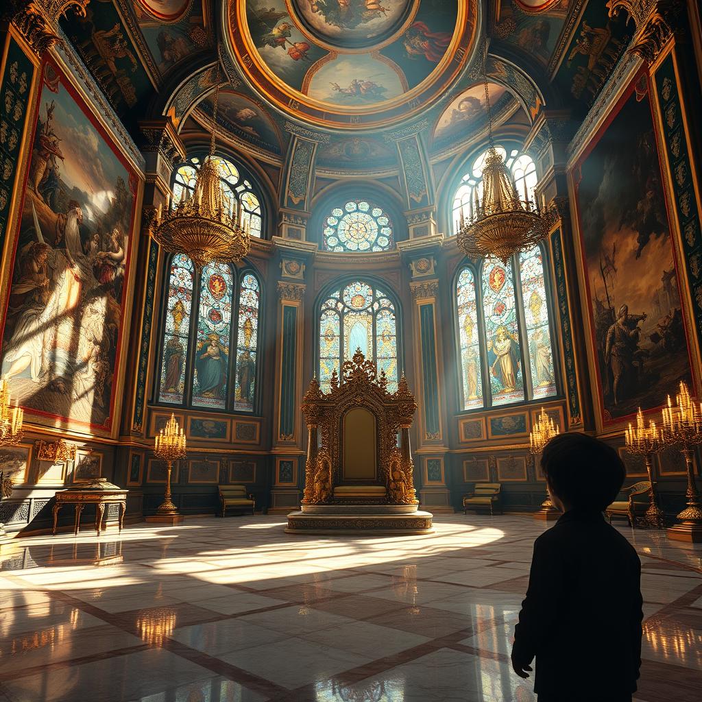 A majestic royal throne room filled with opulent decorations and intricate details, featuring a large, ornate throne made of gold and precious gems positioned at the center