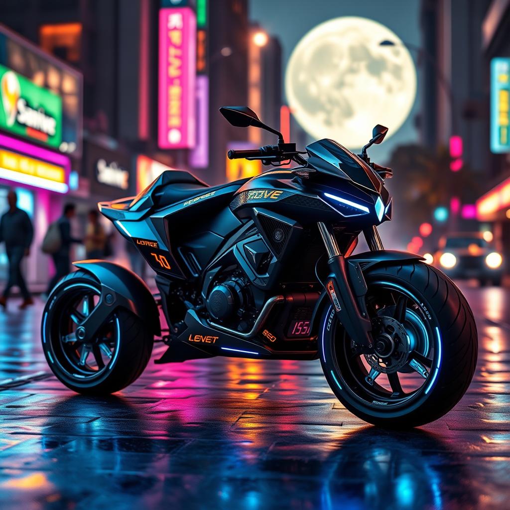 A futuristic four-wheeled motorcycle, featuring a sleek and aerodynamic design, with a glossy black body and neon blue accents