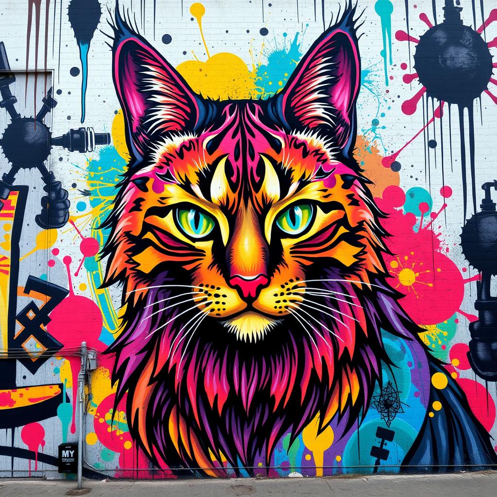 A vibrant and colorful graffiti mural featuring a majestic cat, intricately designed with bold lines and rich hues
