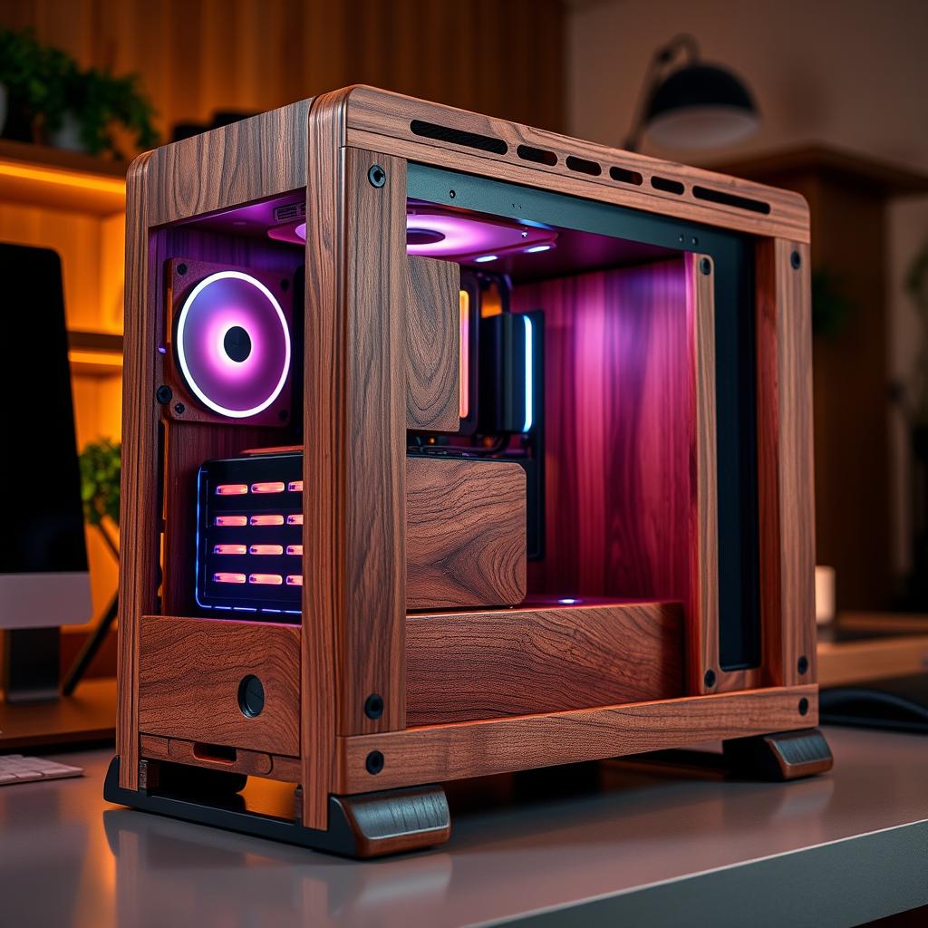 A beautifully crafted wooden computer case, showcasing intricate wood grain patterns, smooth edges, and a stylish, modern design