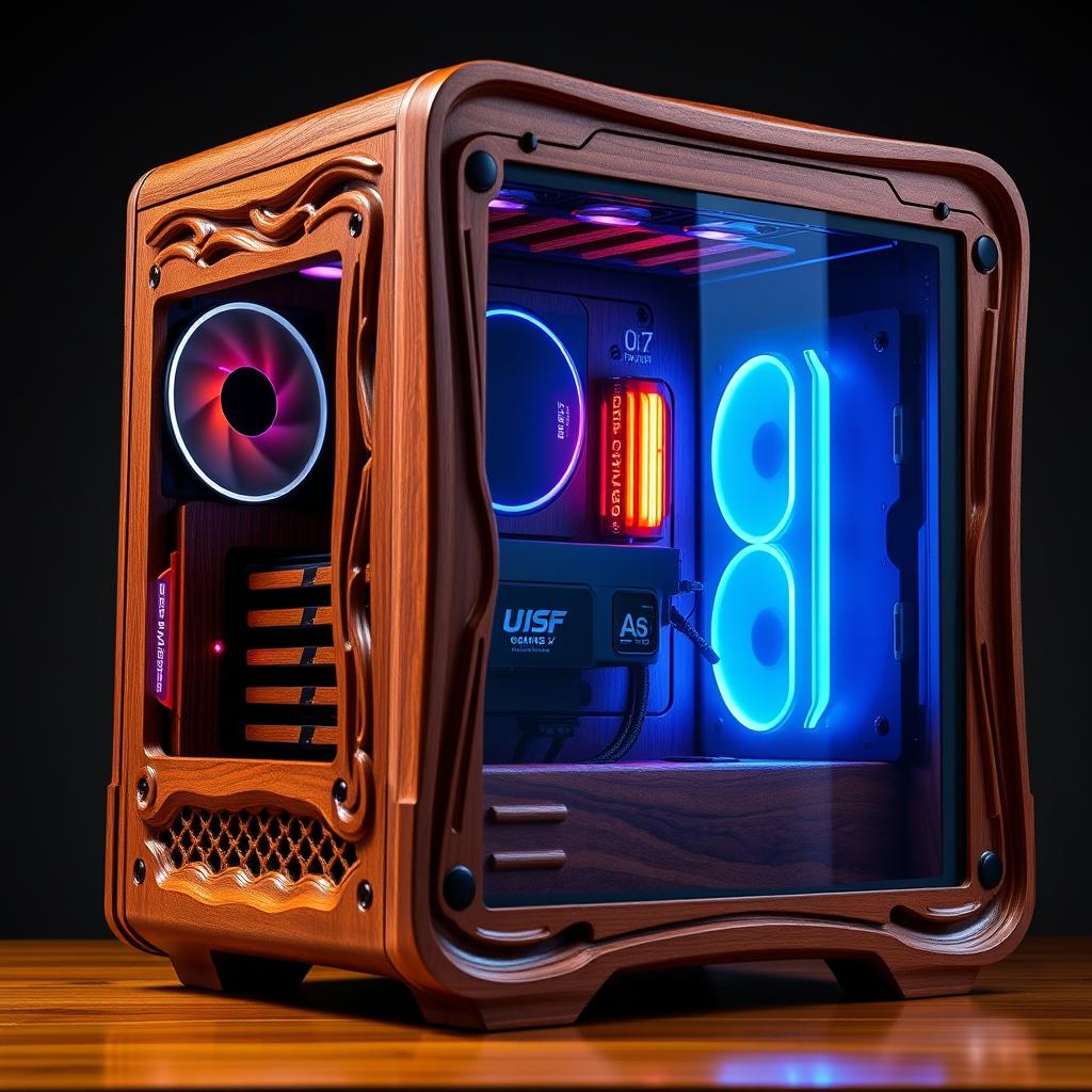A beautifully crafted wooden computer case, showcasing intricate carvings and smooth finishes