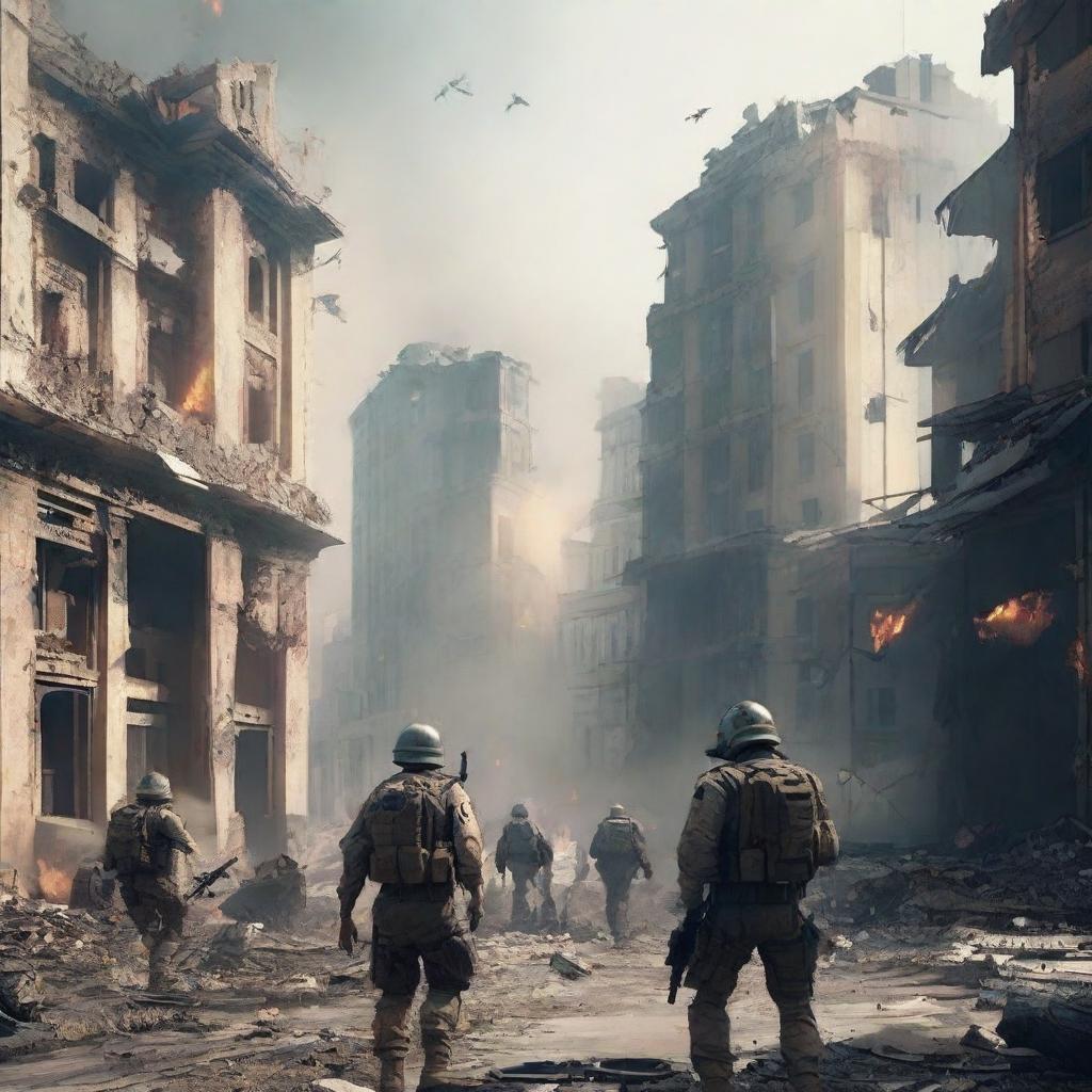 Update image to show soldiers with futuristic weapons engaged in firefights. Capture the scale of devastation; ruined buildings and debris strewn across the cityscape indicate a once-flourishing city now is a war-torn battleground.