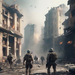 Update image to show soldiers with futuristic weapons engaged in firefights. Capture the scale of devastation; ruined buildings and debris strewn across the cityscape indicate a once-flourishing city now is a war-torn battleground.