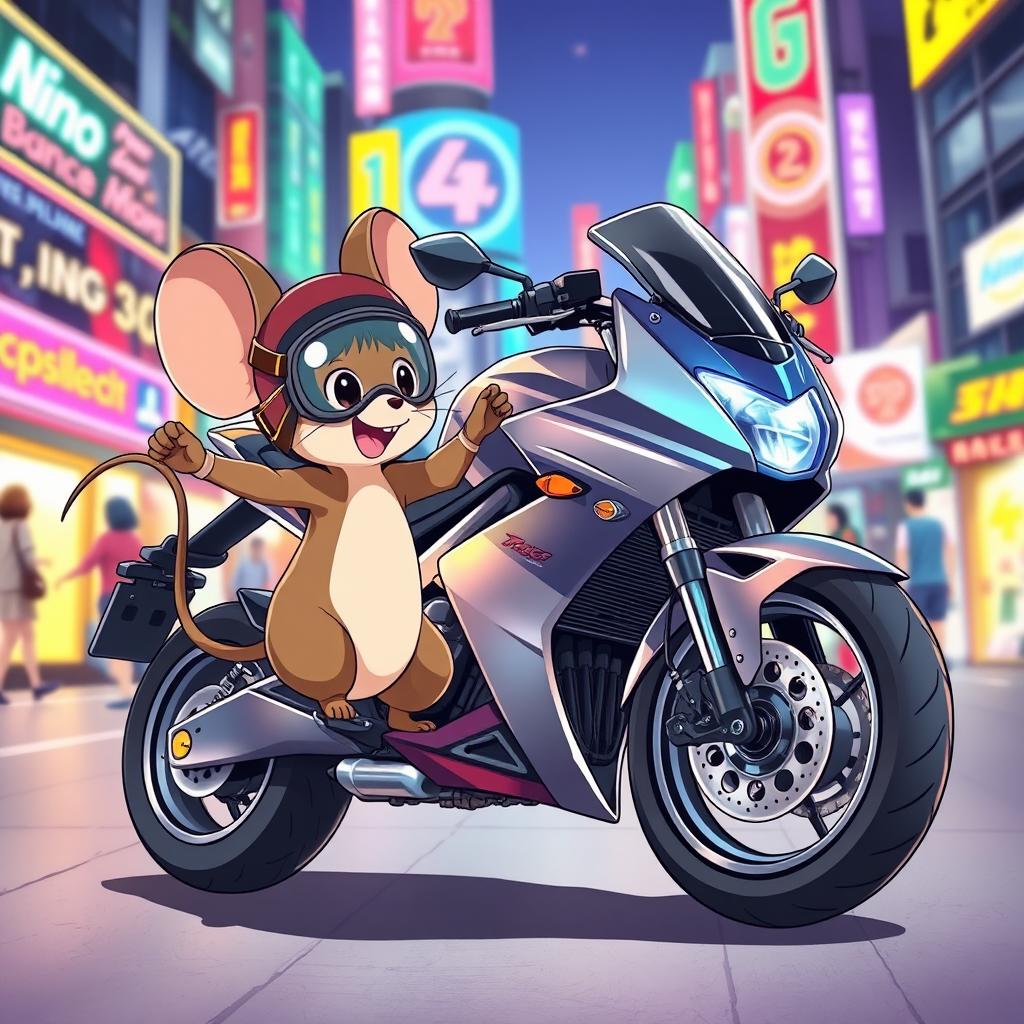 An anime-style illustration featuring a cute mouse character and a sleek motorcycle dancing together in a vibrant, colorful setting