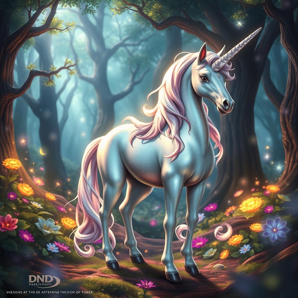 A beautifully designed mystical unicorn standing gracefully in a vibrant fantasy forest, filled with colorful magical flora and enchanting trees