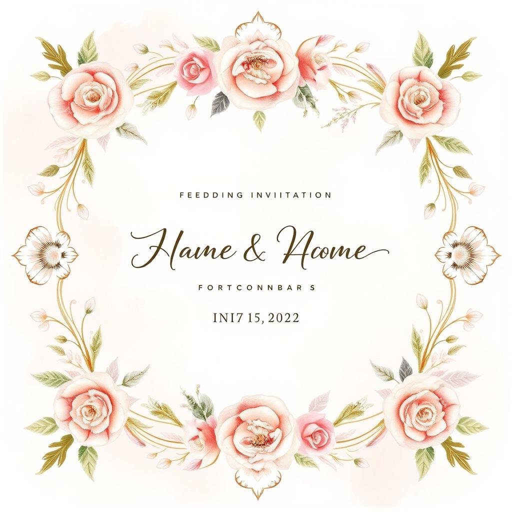 An elegant wedding invitation design featuring an intricate floral border with soft pastel colors, including blush pinks, lavender, and light greens