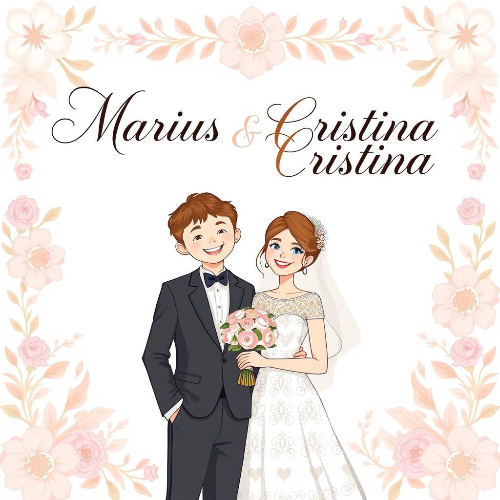 A stunning wedding invitation design featuring the names 'Marius' and 'Cristina' in elegant calligraphy