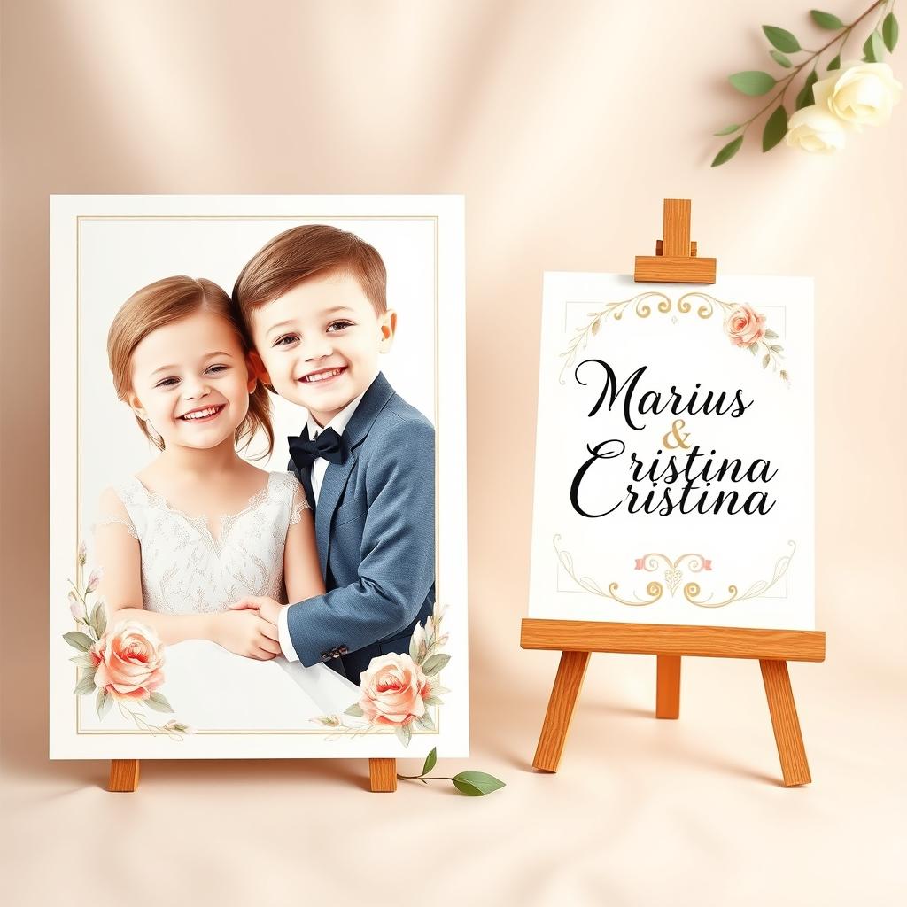 A stunning wedding invitation design featuring a smiling boy and girl on the left side, capturing a joyful moment together