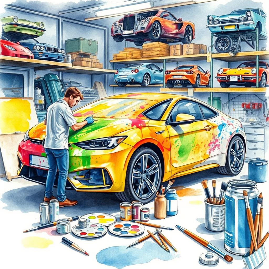 A watercolor illustration of an auto painter's workshop, featuring an artist working on a vibrant car, surrounded by paint cans and tools