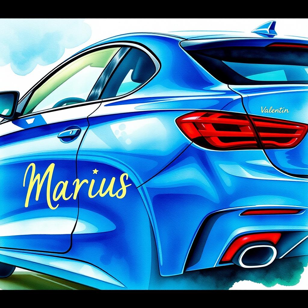 A watercolor painting of a blue car showcasing a sleek and modern design