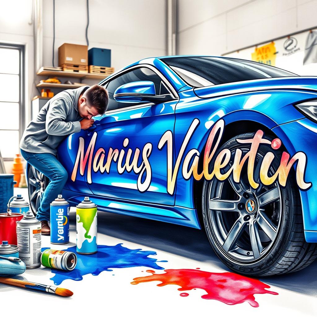 A beautiful watercolor illustration featuring an auto painter at work on a blue car