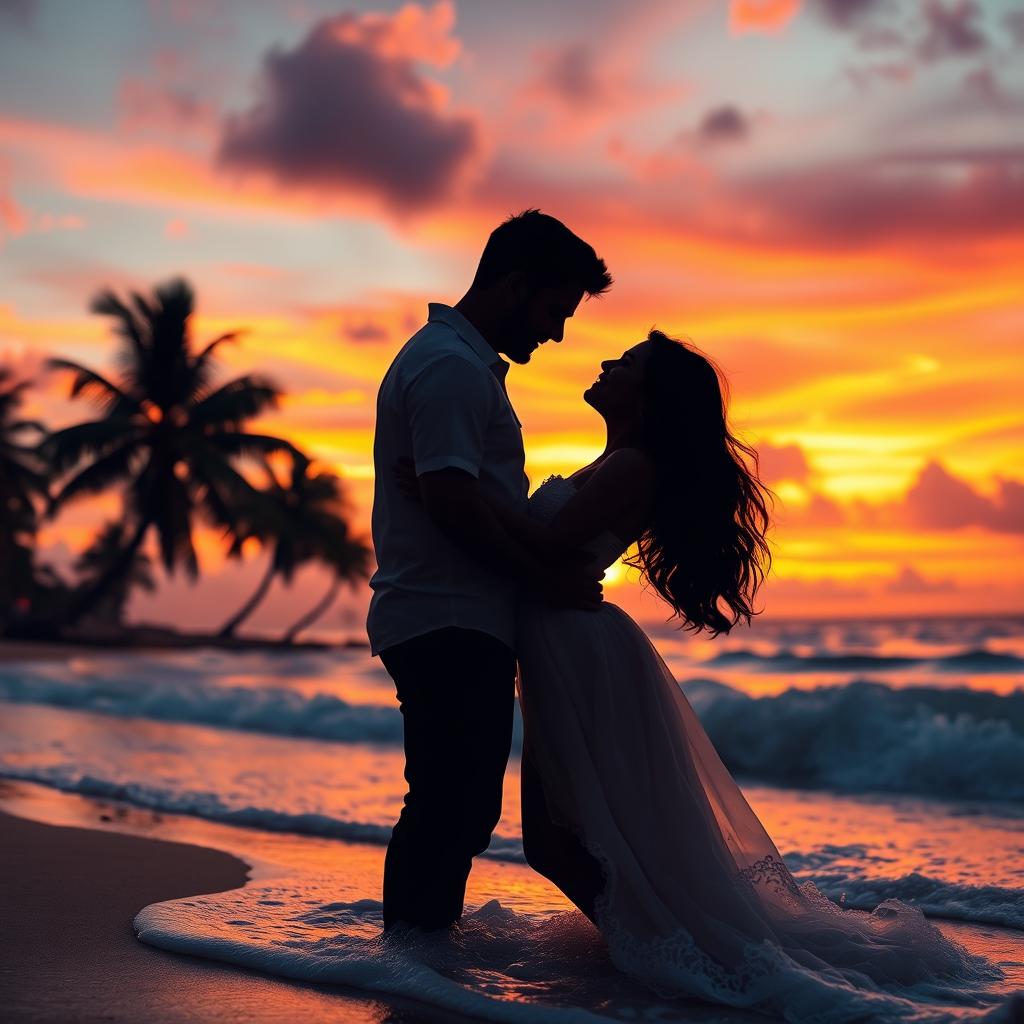 A romantic scene depicting a couple in love, surrounded by a serene sunset on a beach