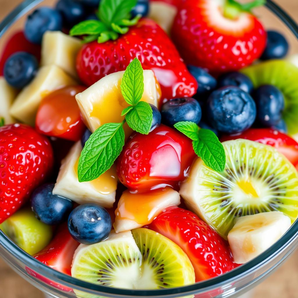 A vibrant close-up of a delicious fruit salad featuring fresh strawberries, blueberries, kiwi slices, and banana chunks, all beautifully arranged in a glass bowl