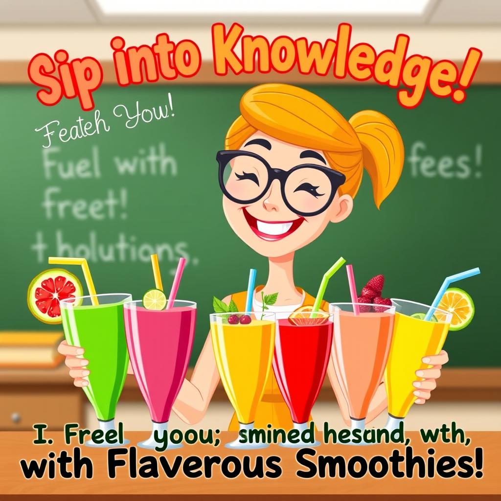 A colorful promotional image featuring a cartoon-style female teacher joyfully presenting a variety of delicious smoothies in vibrant glasses