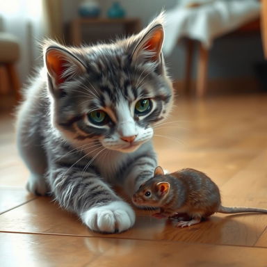 A realistic depiction of a playful scene featuring a domestic cat, with soft fur in shades of gray and white, engaging with its captured prey, a small brown rat
