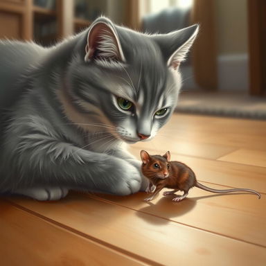 A realistic depiction of a playful scene featuring a domestic cat, with soft fur in shades of gray and white, engaging with its captured prey, a small brown rat