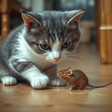 A realistic depiction of a playful scene featuring a domestic cat, with soft fur in shades of gray and white, engaging with its captured prey, a small brown rat