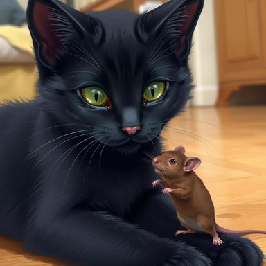 A realistic depiction of a playful scene featuring a domestic black cat with glossy fur, engaging with its captured prey, a small brown rat