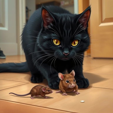 A realistic depiction of a playful scene featuring a domestic black cat with glossy fur, engaging with its captured prey, a small brown rat