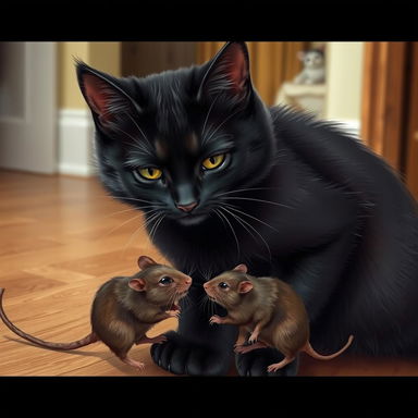 A realistic depiction of a playful scene featuring a domestic black cat with glossy fur, engaging with its captured prey, a small brown rat
