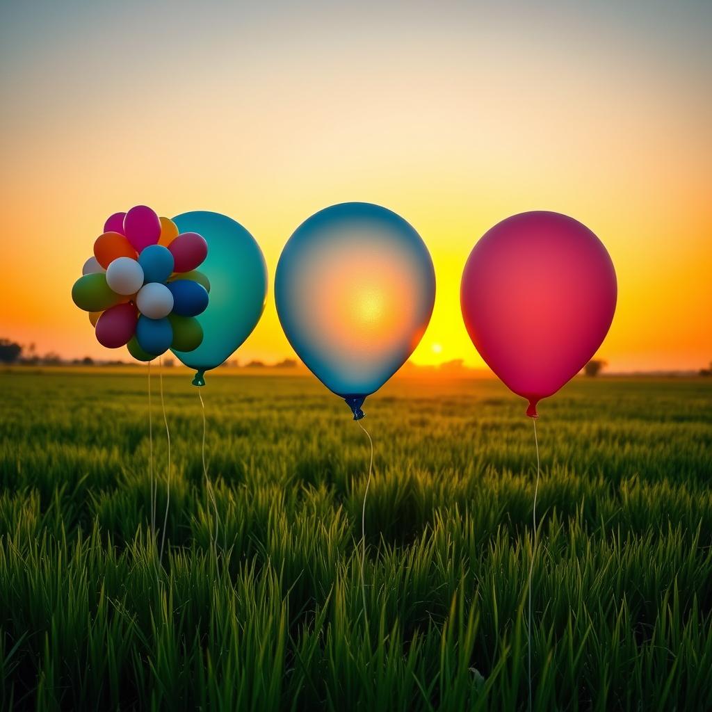 A beautiful sunset field with three distinct sets of balloons in a row