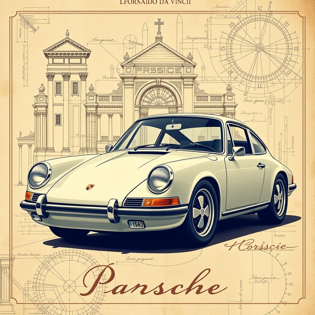 A vintage-style poster featuring a classic Porsche 911, designed in the artistic style reminiscent of Leonardo da Vinci