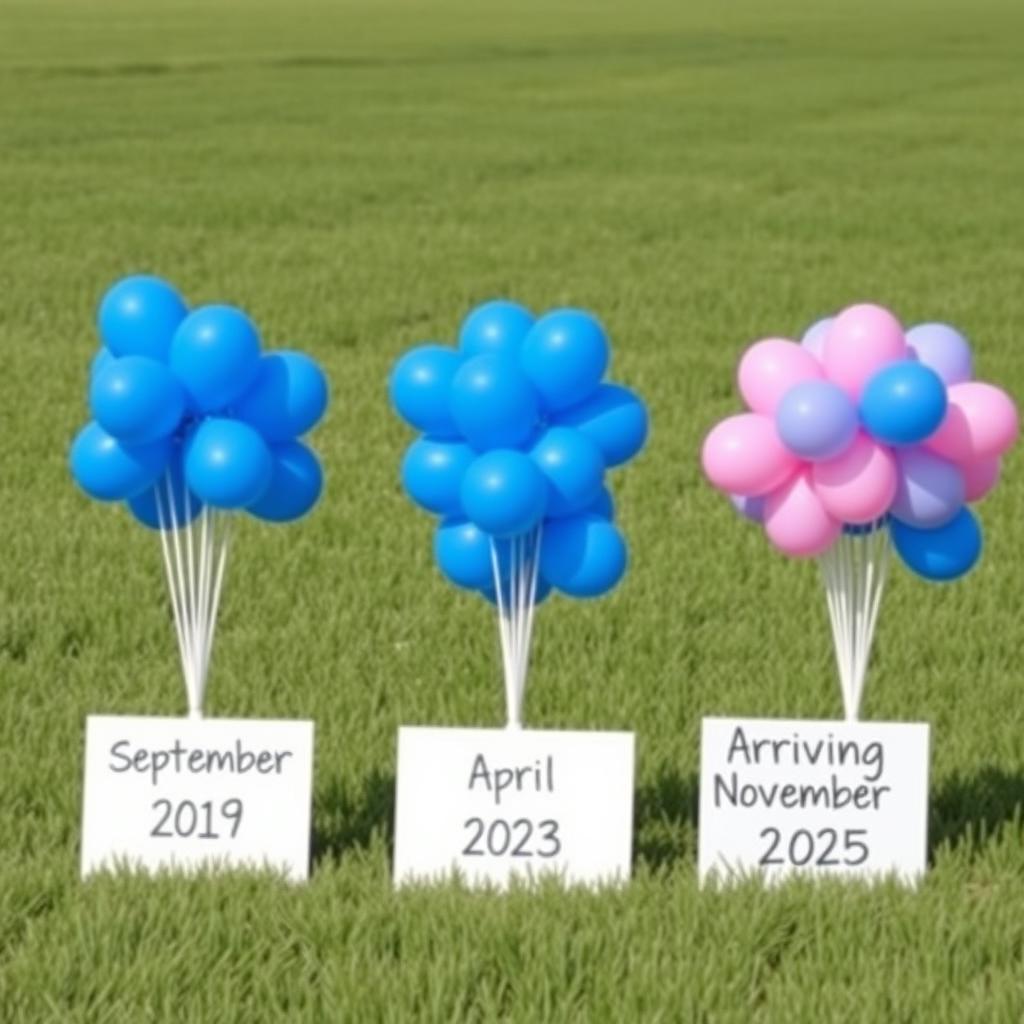 A serene field setting featuring three rows of colorful balloon bunches