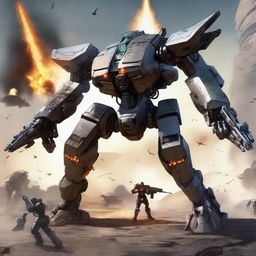 A giant futuristic mech engaged in fierce combat with aliens, using rockets and flamethrowers as its primary weapons.