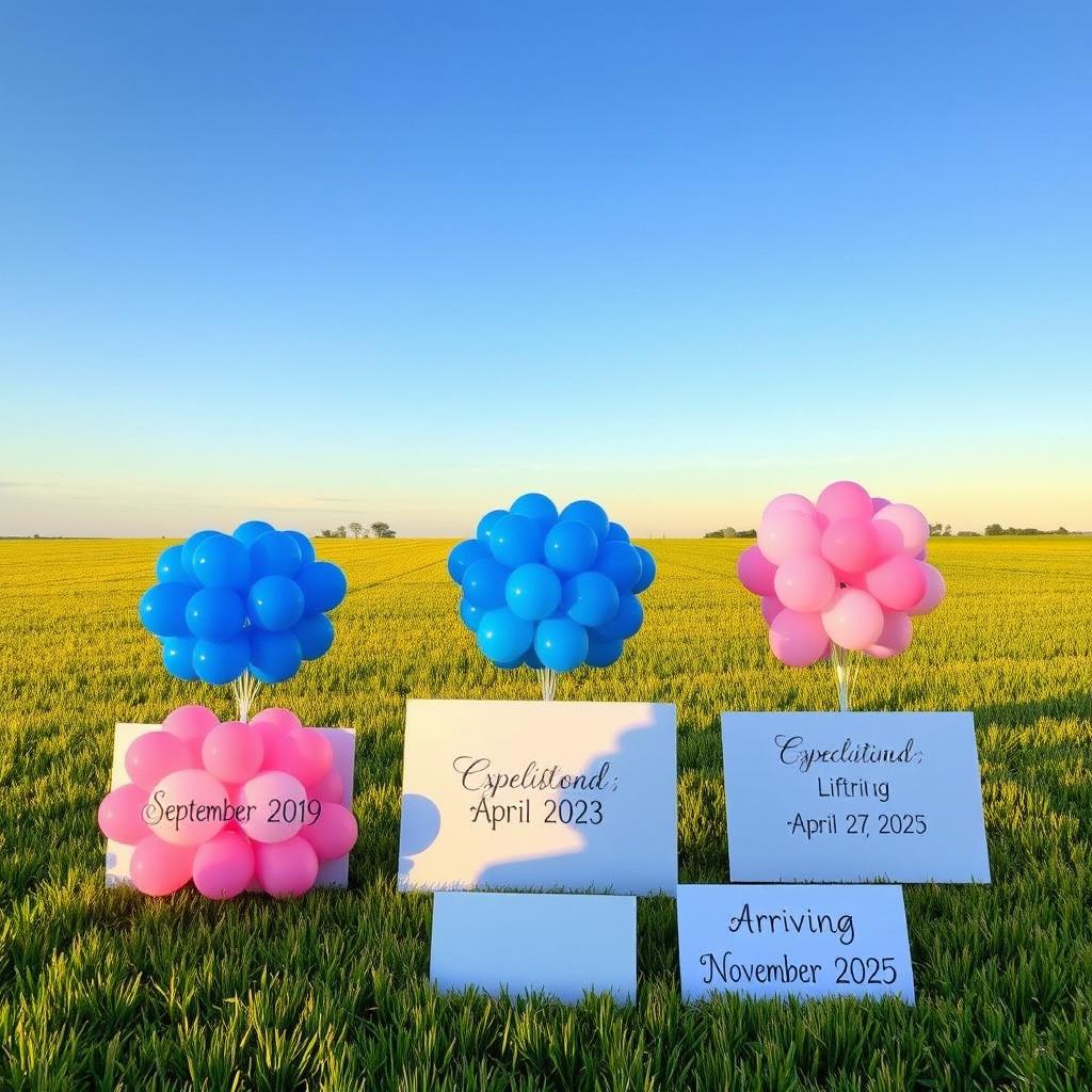 A picturesque country field under a clear blue sky featuring three bunches of balloons arranged neatly in a straight row