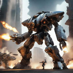 A giant futuristic mech engaged in fierce combat with aliens, using rockets and flamethrowers as its primary weapons.