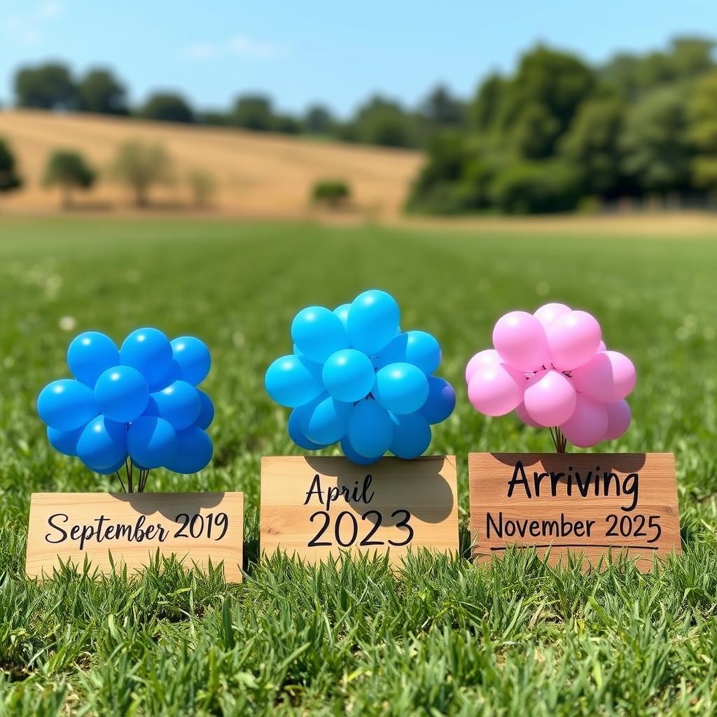 A picturesque country field with three small bunches of balloons arranged in a straight row