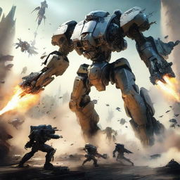 A giant futuristic mech engaged in fierce combat with aliens, using rockets and flamethrowers as its primary weapons.