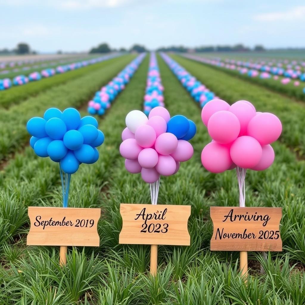 A serene country field filled with vibrant small bunches of balloons arranged in a straight row