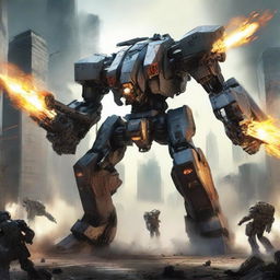 A giant futuristic mech engaged in fierce combat with aliens, using rockets and flamethrowers as its primary weapons.