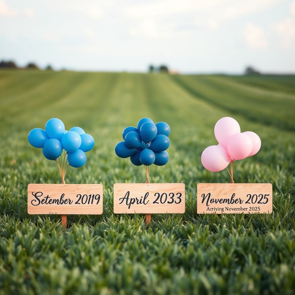 A picturesque country field with a straight row of three small bunches of balloons