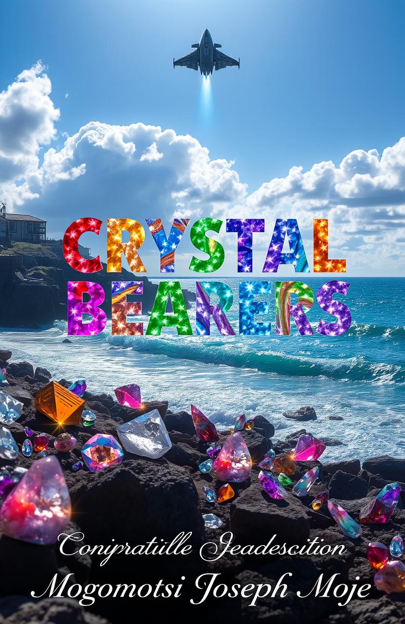 A captivating scene titled 'Crystal Bearers', featuring the title artfully displayed in different colors representing a variety of gemstones