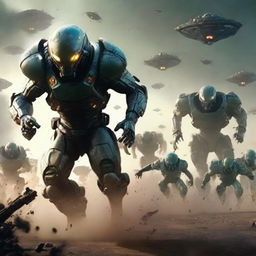 A determined squadron of soldiers running and bravely tackling aggressive aliens in a chaotic battlefield.