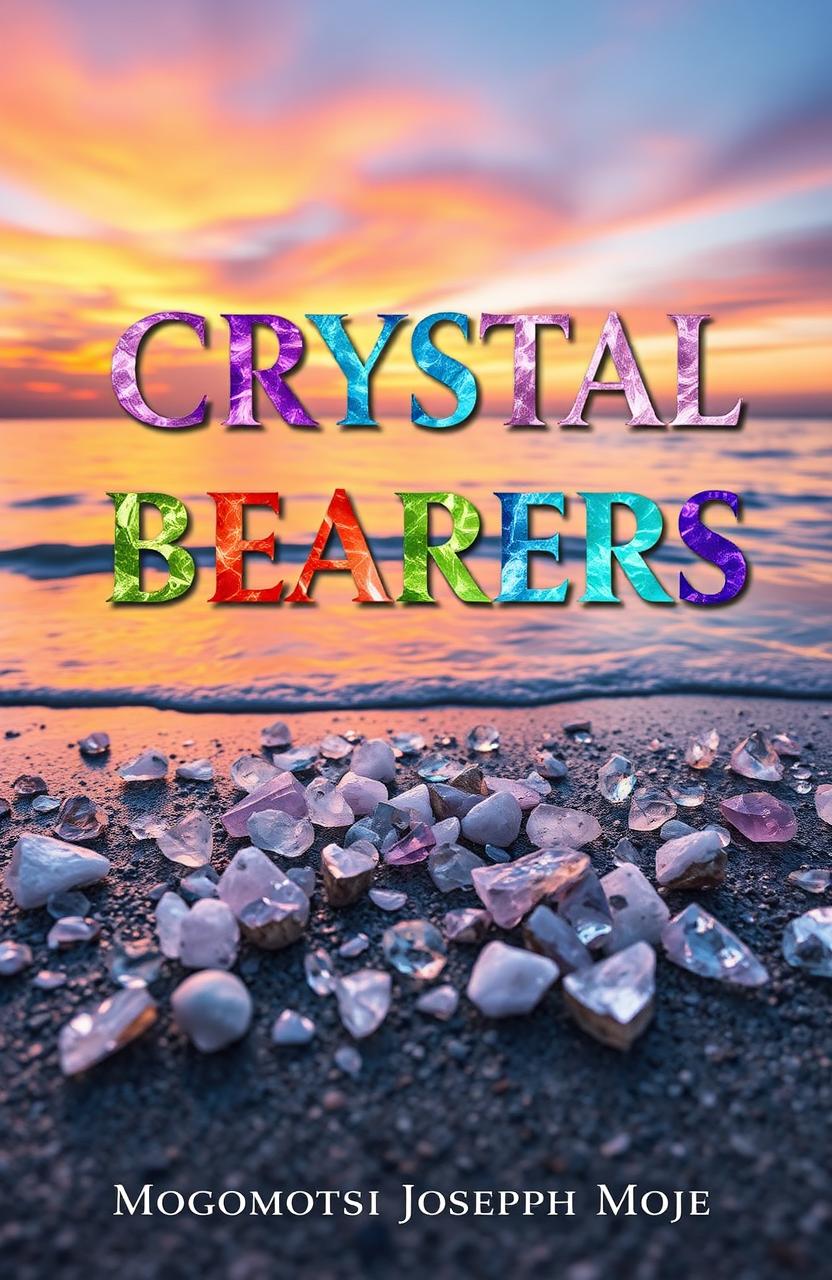 A beautiful and professional book cover design titled 'Crystal Bearers', featuring the title text stylized in different vibrant colors resembling various types of crystals