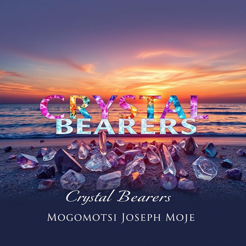 A captivating and professional book cover design titled 'Crystal Bearers', with the title text artistically rendered in a variety of colors that mimic the brilliance of different types of crystals