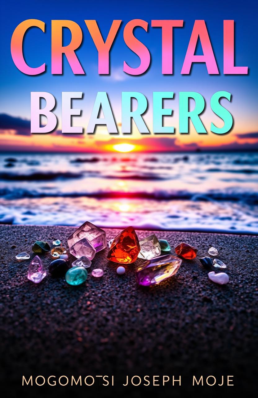 A professional book cover design titled 'Crystal Bearers' at the top, featuring bold and vibrant text in various colors that complements the theme of crystals