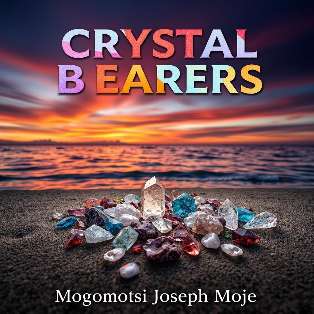 A professional book cover design featuring the title 'Crystal Bearers' prominently at the top, with the text rendered in different vibrant colors that evoke the beauty of crystals