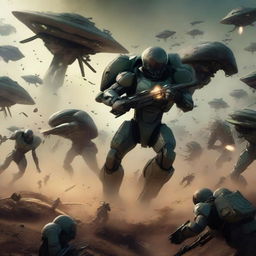 A determined squadron of soldiers running and bravely tackling aggressive aliens in a chaotic battlefield.