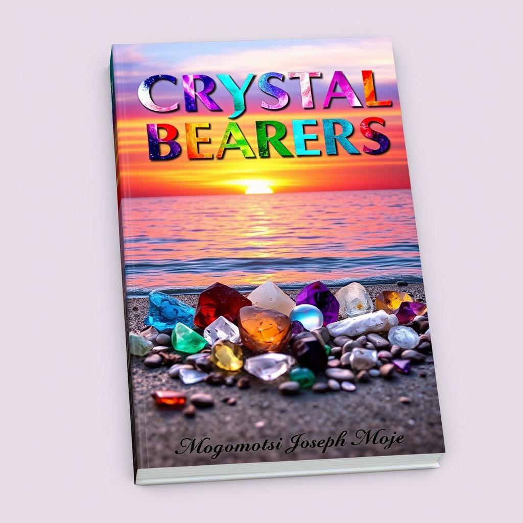 A professionally designed book cover featuring the title 'Crystal Bearers' prominently at the top, rendered in a variety of bright and distinctive colors that evoke the appearance of different crystals