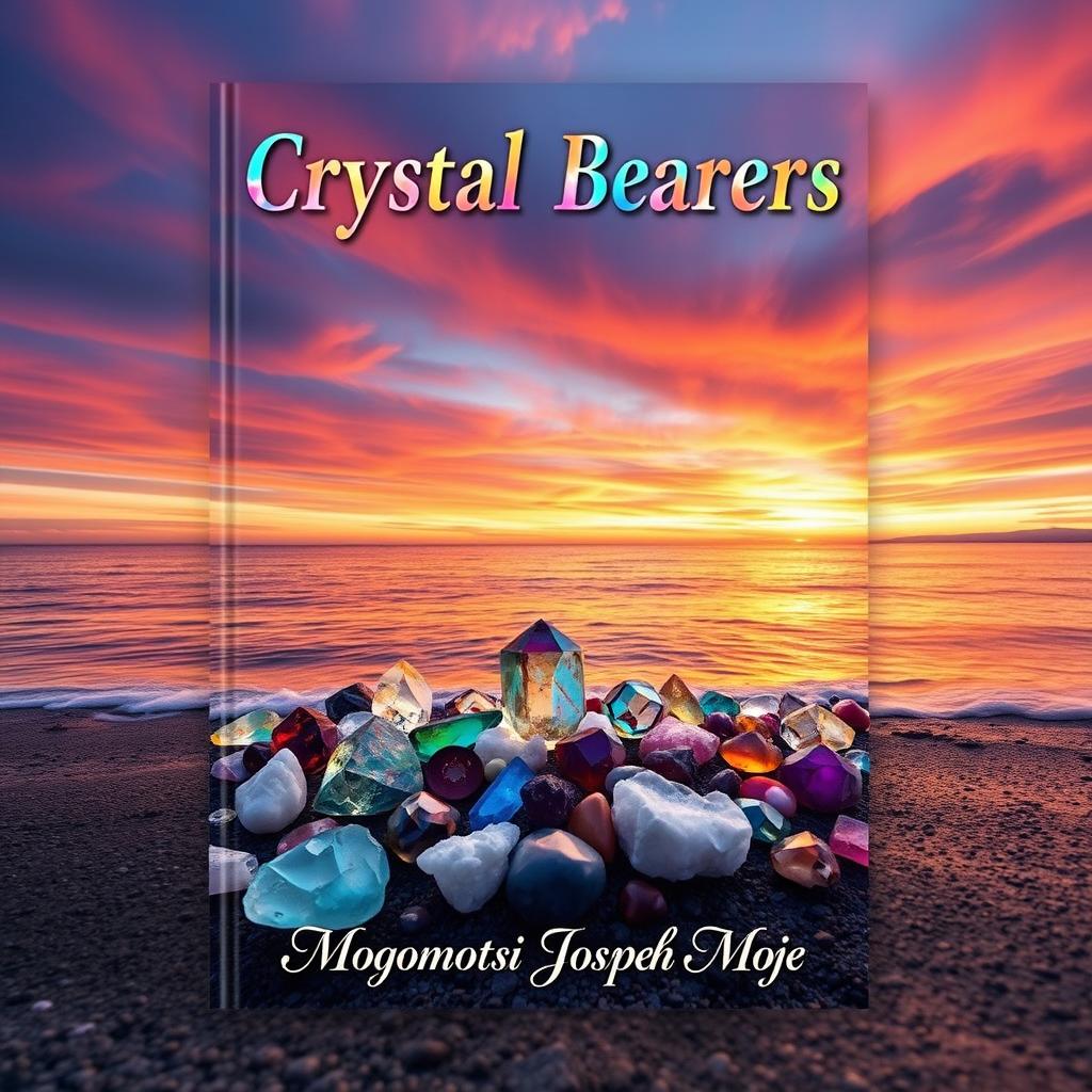 A stunning professional book cover titled 'Crystal Bearers' prominently displayed at the top in a variety of vibrant colors that mimic the beauty of different crystals