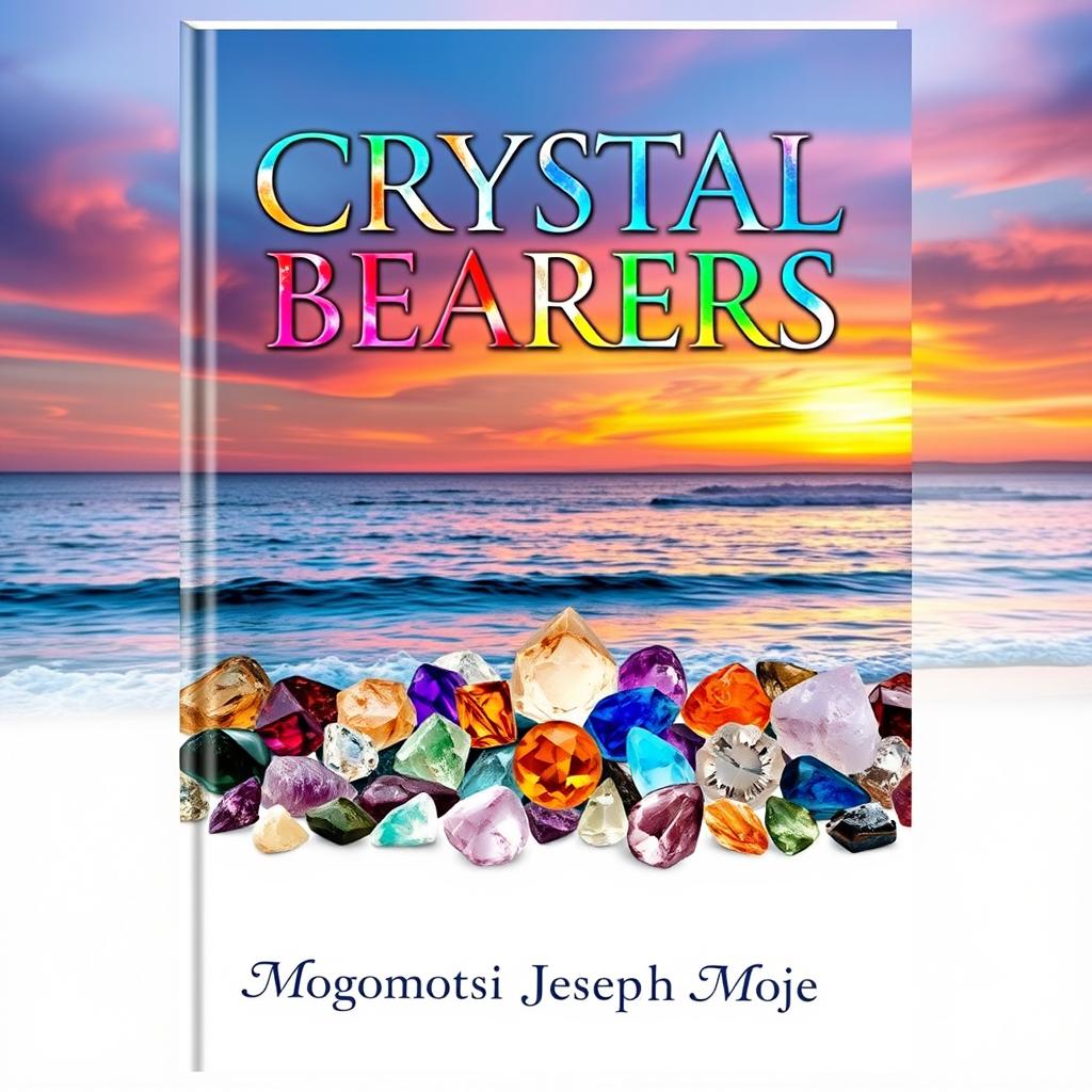 An elegant and professional book cover featuring the title 'Crystal Bearers' at the top, displayed in a captivating array of colors that represent various crystals